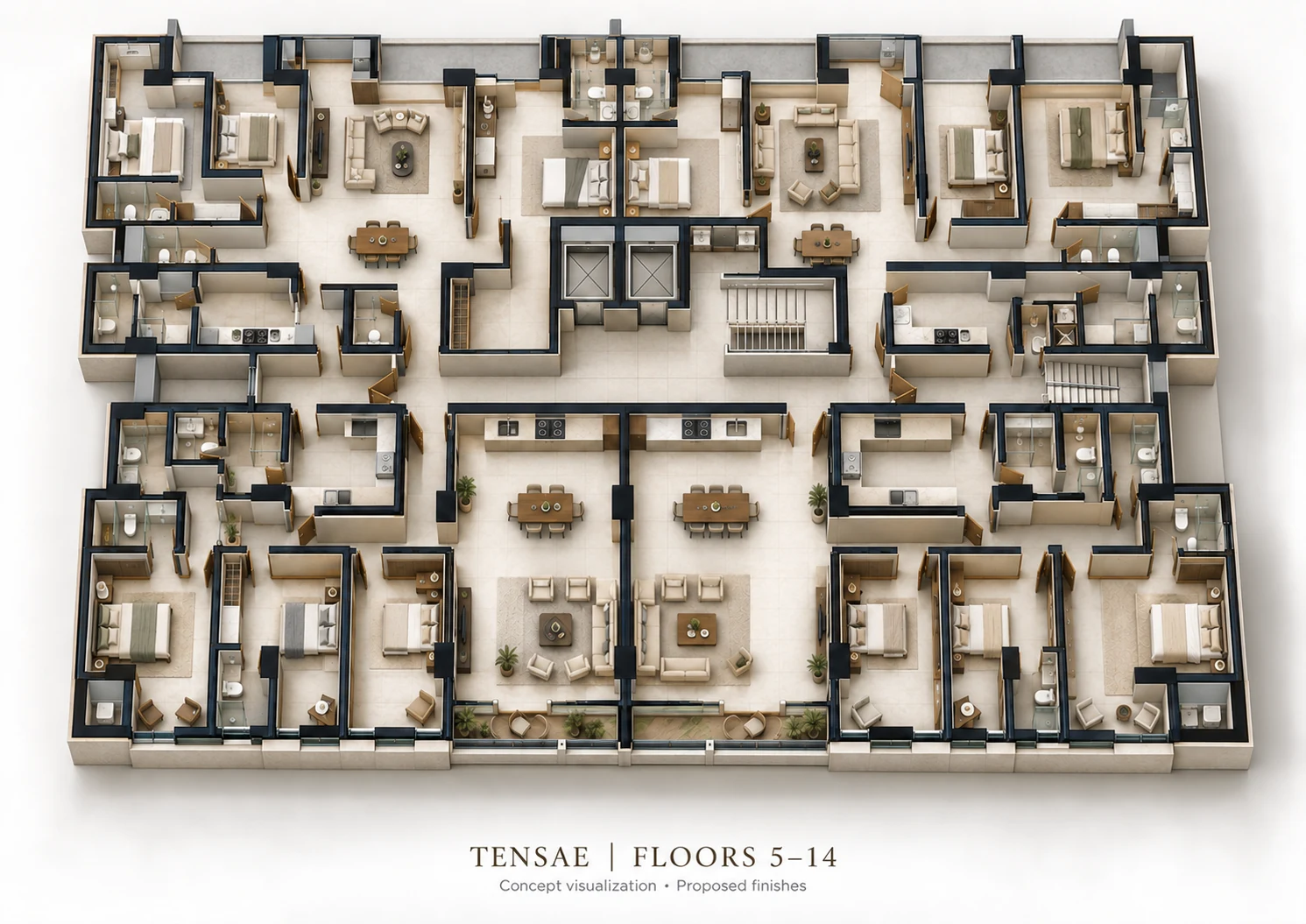 Floors 5–14 · Three-bedroom apartments — full-floor 3D concept